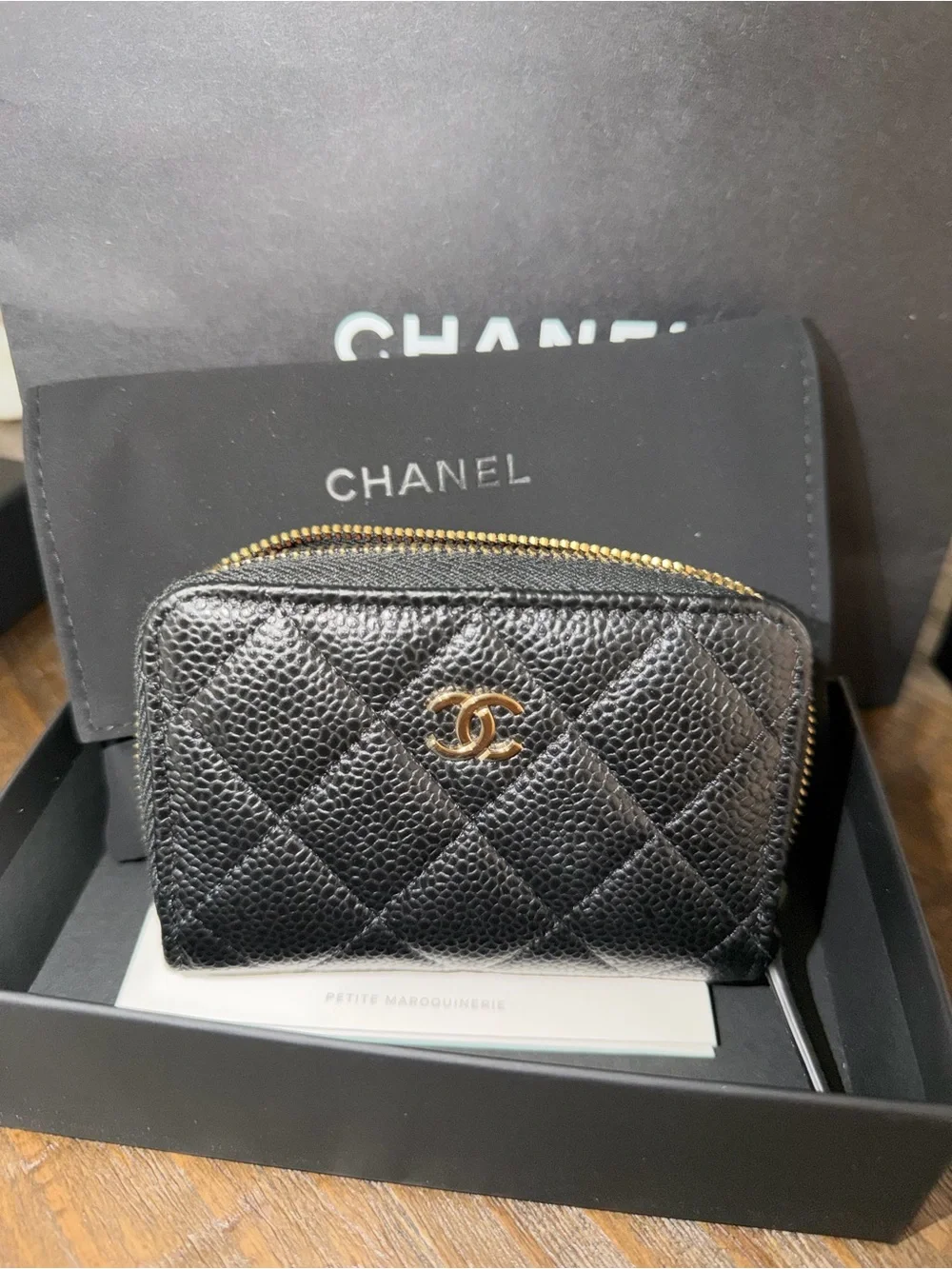 CHANEL Black Quilted Caviar Zip Card Wallet with Gold Hardware